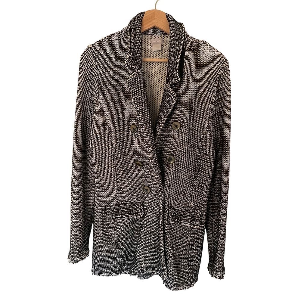 Chicos 1 Black White‎ Marled Knit Double Breasted Blazer Jacket Fringe Size M